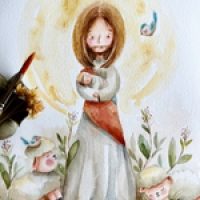 mundo ludico jesus e bebê - aquarela